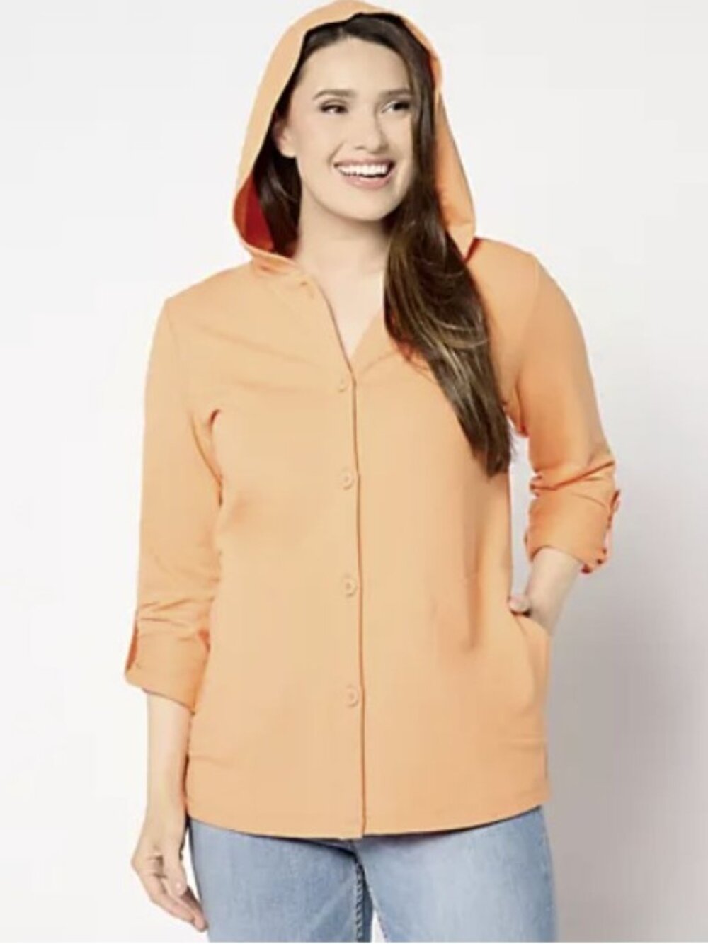 Denim & Co. Beach French Terry Roll Tab Sleeve Hooded Jacket Apricot Crush 2X